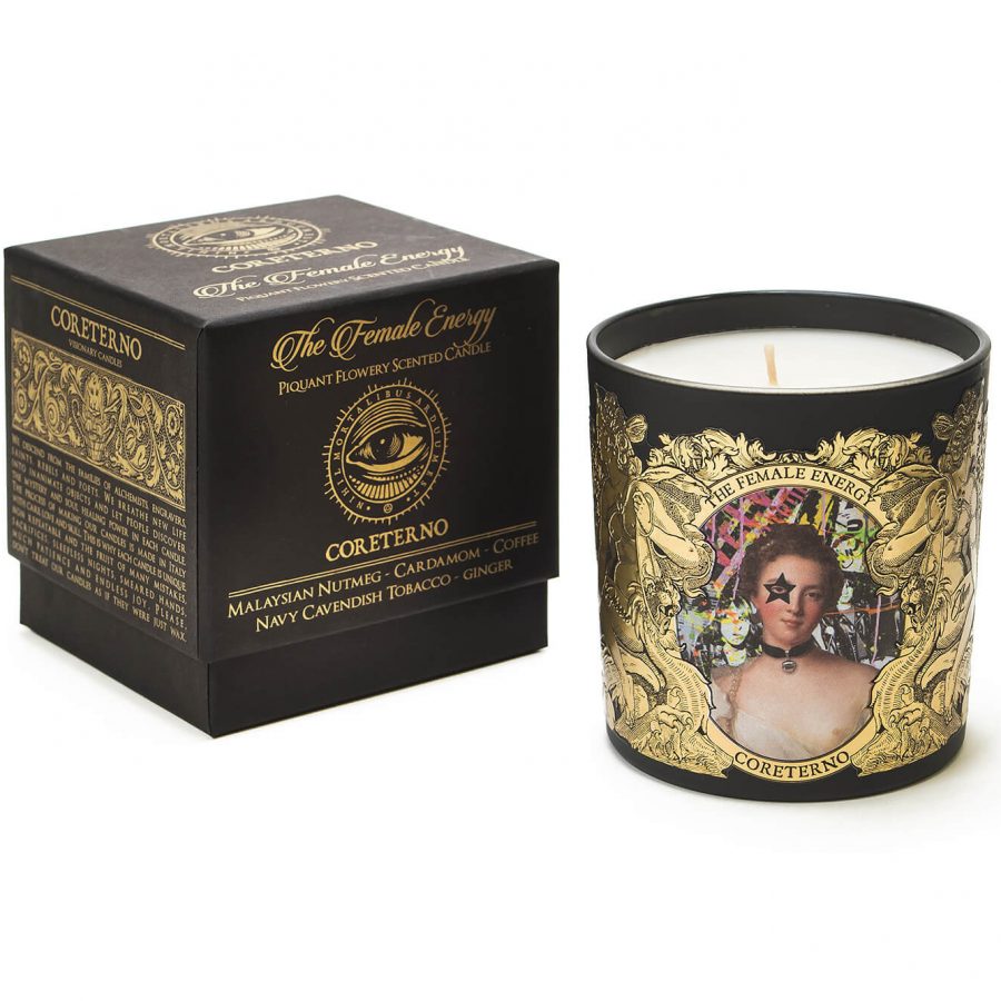 Bougie parfumée Coreterno "L'énergie féminine" et son coffret noir et or.