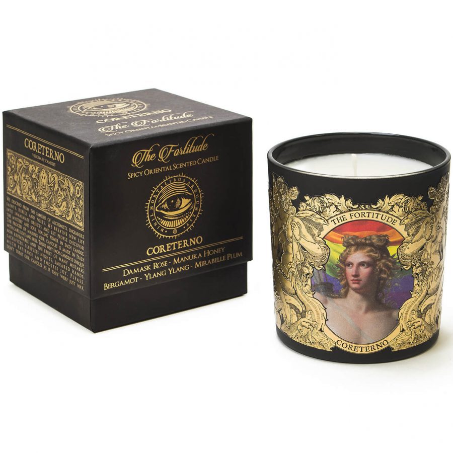 Bougie parfumée Coreterno "La Force" et son coffret noir et or.