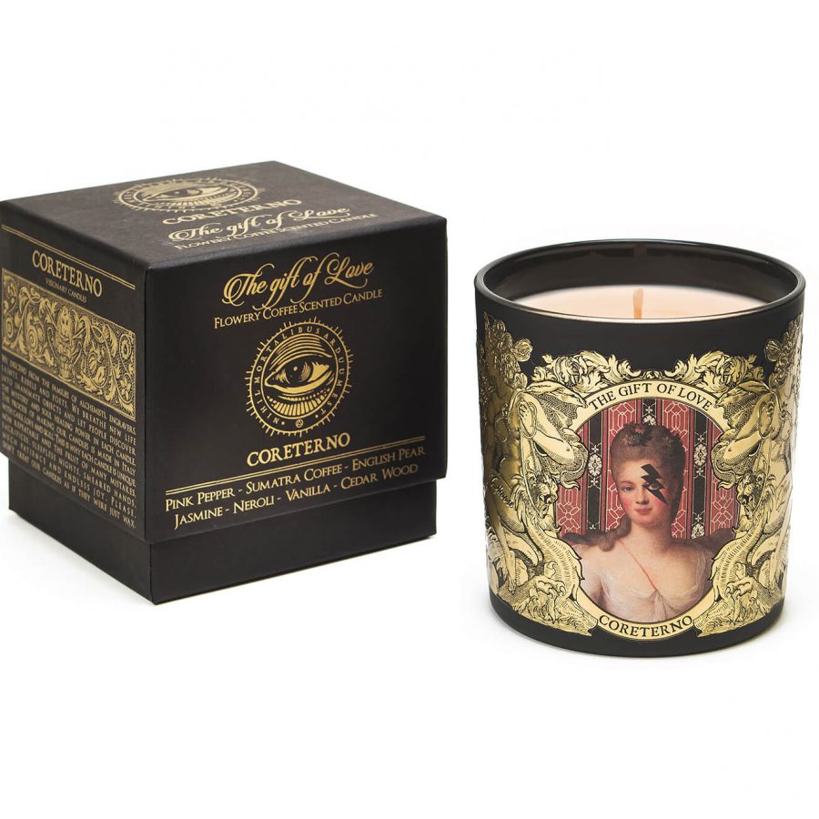 Bougie parfumée Coreterno "The Gift of love" et son coffret noir et or.