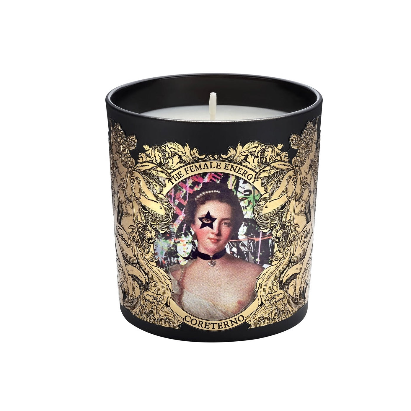 Bougie parfumée Coreterno "The female energy" ou "L'énergie féminine" aux notes piquantes et fleuries et au design rock et baroque.