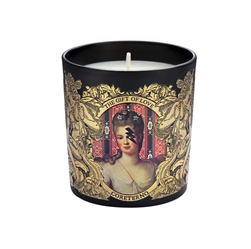 Bougie parfumée Coreterno "The gift of love" ou "Le cadeau de l'amour" aux notes de café fleuri et au design rock et baroque.