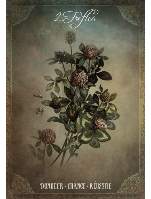 Carte des Trèfles "Bonheur, chance, réussite" de l'oracle Mademoiselle Lenormand par Gabriel Sanchez.
