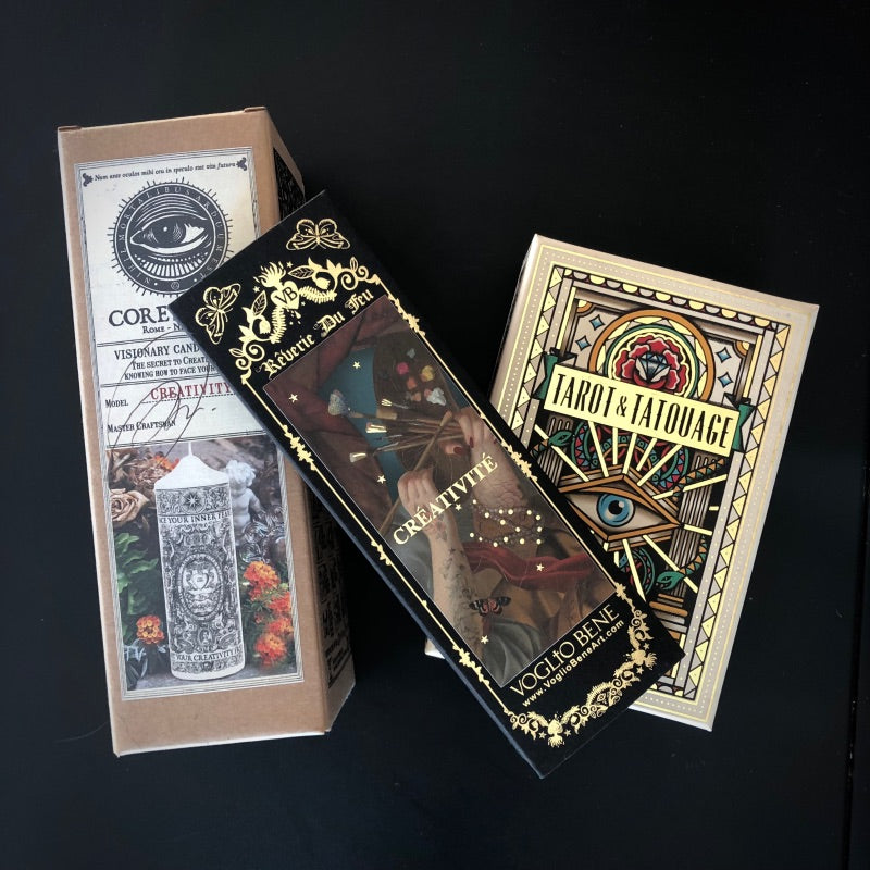 Pack créativité composé d'allumettes à voeux créativité VOGLIO BENE, du Tarot et Tatouage de Megamunden et de la bougie chandelle "Créativité" Coreterno.
