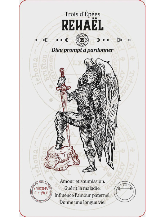 Carte du trois d'épées avec l'ange Rehaël du Tarot Angélique.