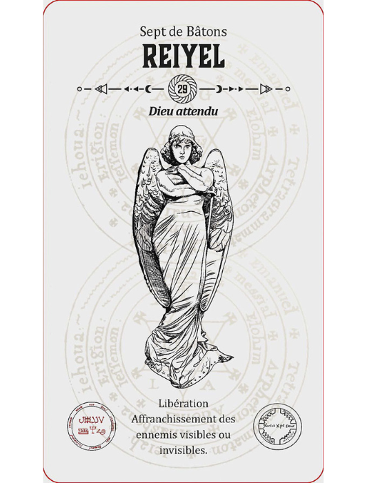 Carte du sept de bâtons avec l'ange Reiyel du Tarot Angélique.
