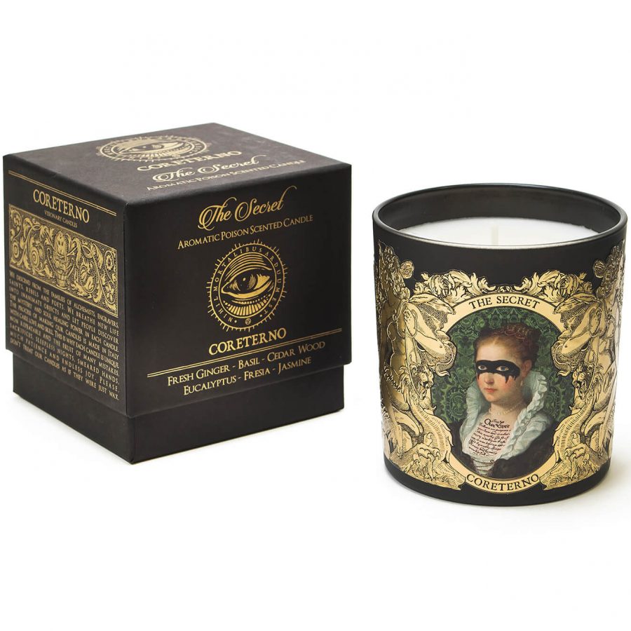 Bougie parfumée Coreterno "The Secret" et son coffret noir et or.