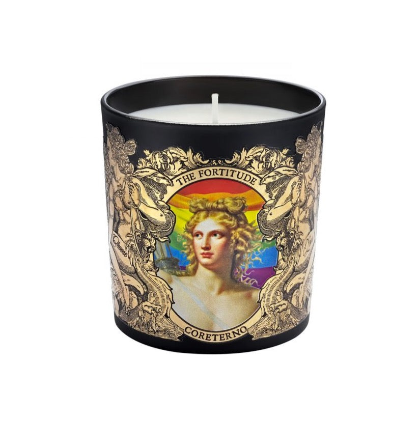 Bougie parfumée Coreterno "The Fortitude" ou "La force", senteur orientale épicée, au design baroque et rock.