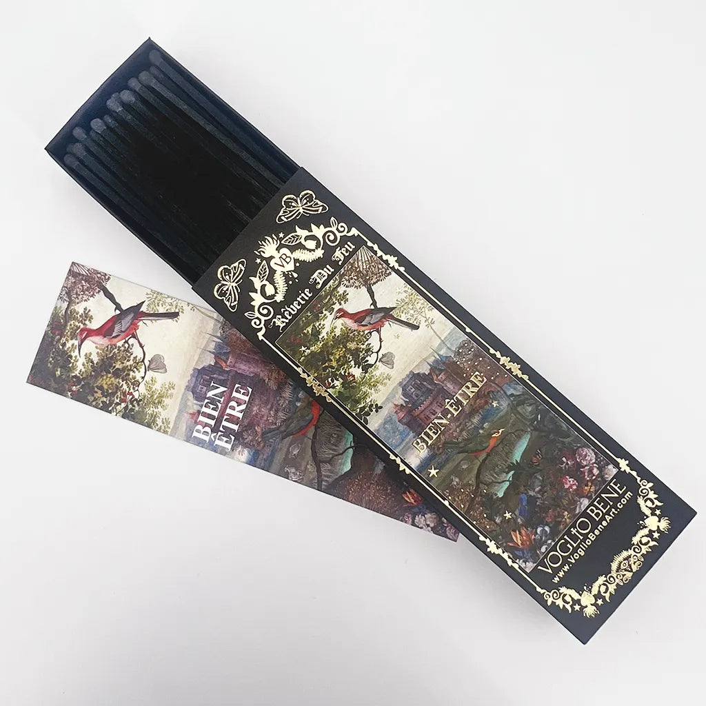 Boîte d'allumettes longues noires pour formuler des voeux bien-être de la créatrice VOGLIO BENE.