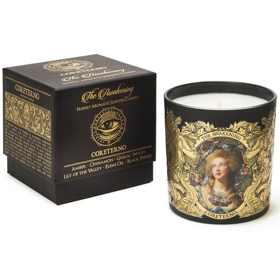 Bougie parfumée Coreterno "L'Eveil" et son coffret noir et or. 