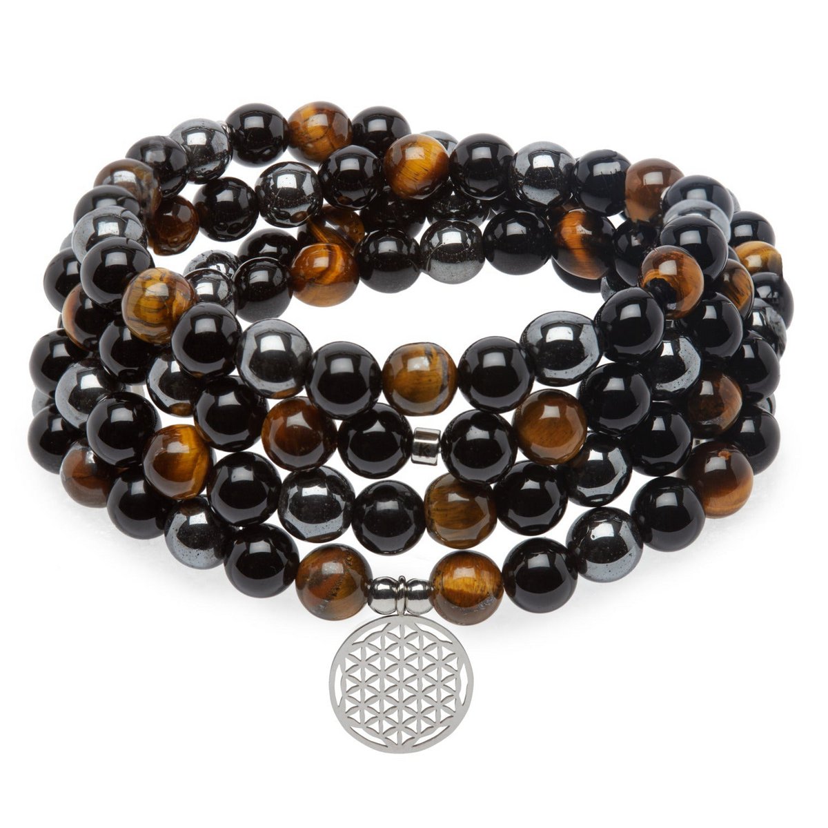 Bracelet mala triple protection en oeil de tigre, hématite et obsidienne noire avec fleur de vie