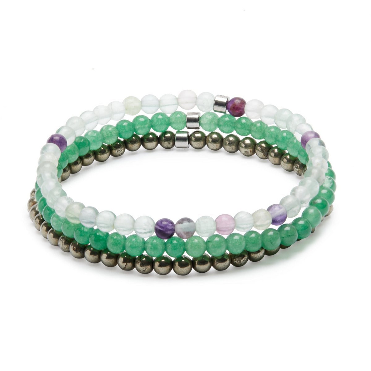 Set de 3 mini bracelets à base de fluorite, pyrite et aventurine pour attirer l'abondance et aider à matérialiser vos idées et projets. 