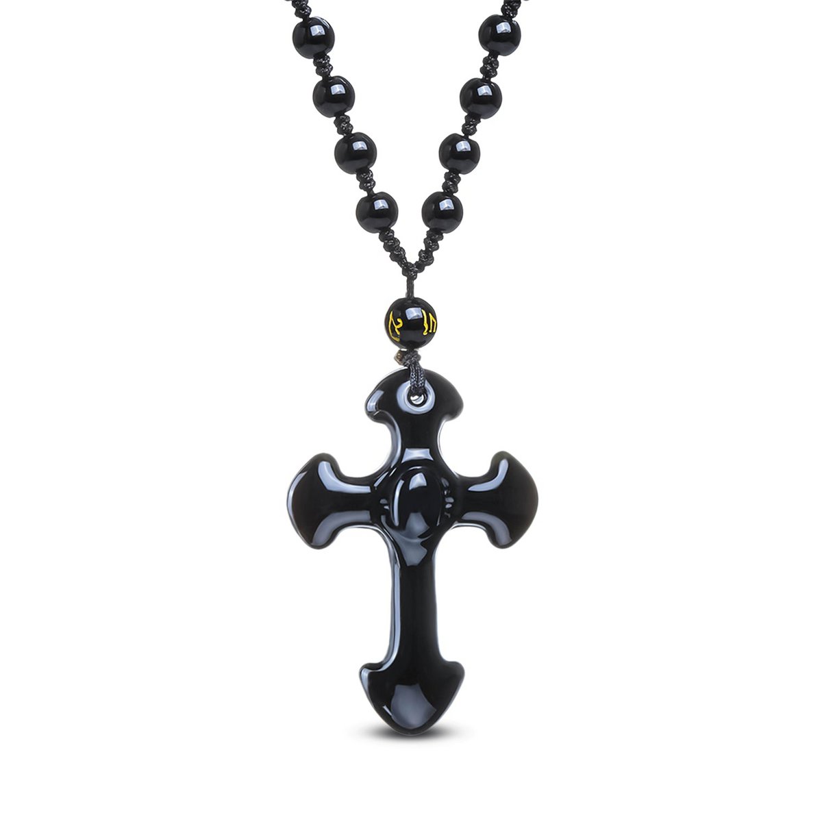 Collier crucifix ajustable en obsidienne avec croix sculptée à la main et perles en pierre naturelle pour apporter ancrage et protection. 