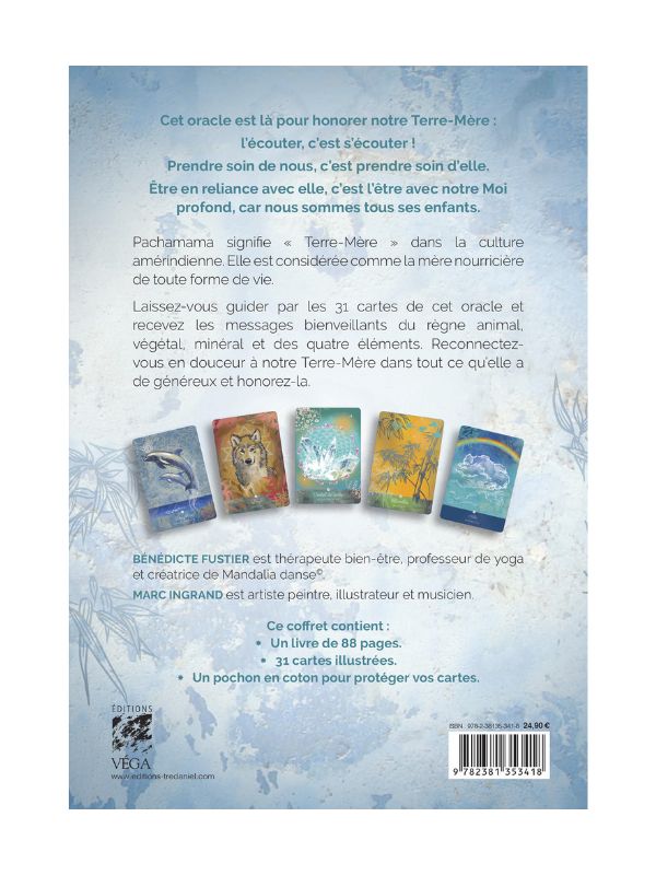 Dos du coffret de l'Oracle de Pachamama avec son livret et ses 31 cartes illustrés pour des tirages connectés à l'énergie de la Terre-mère.