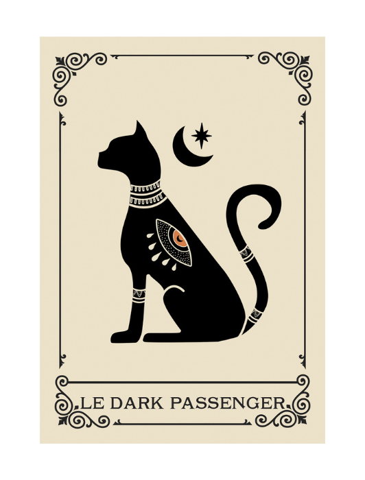 Carte "Le dark passenger" représentant un chat noir avec un oeil et une lune, de l'oracle du cri des âmes. 