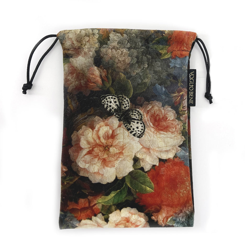 Détail du verso avec fleurs de la pochette oracle en velours avec cordon LOULOU- Voglio Bene