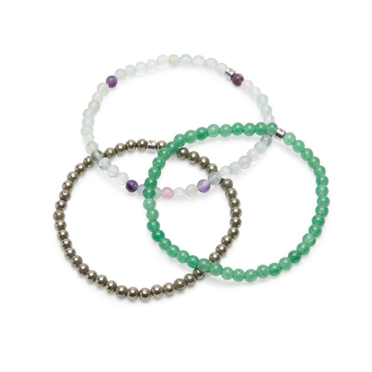 Trio de bracelets pour attirer l'abondance avec aventurine de couleur verte, fluorite de couleur blanche et vilolette, et de pyrite de couleur dorée. 