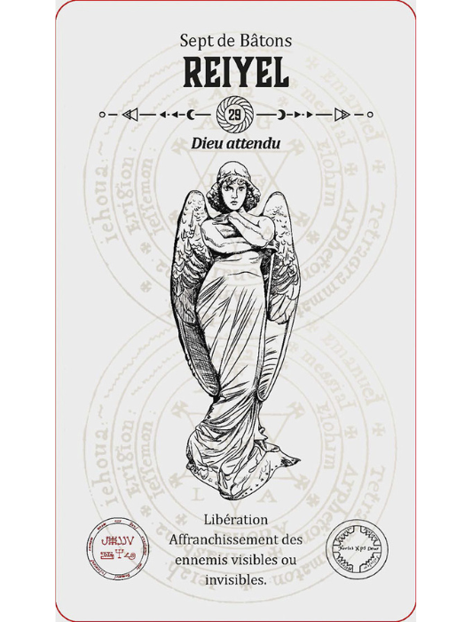 Carte du sept de bâtons avec l'ange Reiyel du Tarot Angélique. 