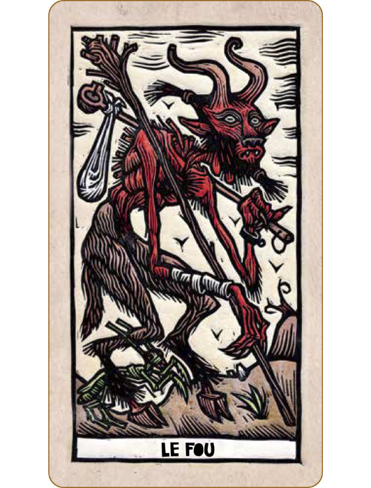 Carte de la lame majeur du Fou du tarot "Tarot del Toro" de Guillermo del Toro.