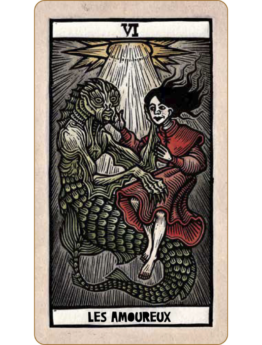 Carte de la lame majeure Les Amoureux du tarot "Tarot del Toro" de Guillermo del Toro.