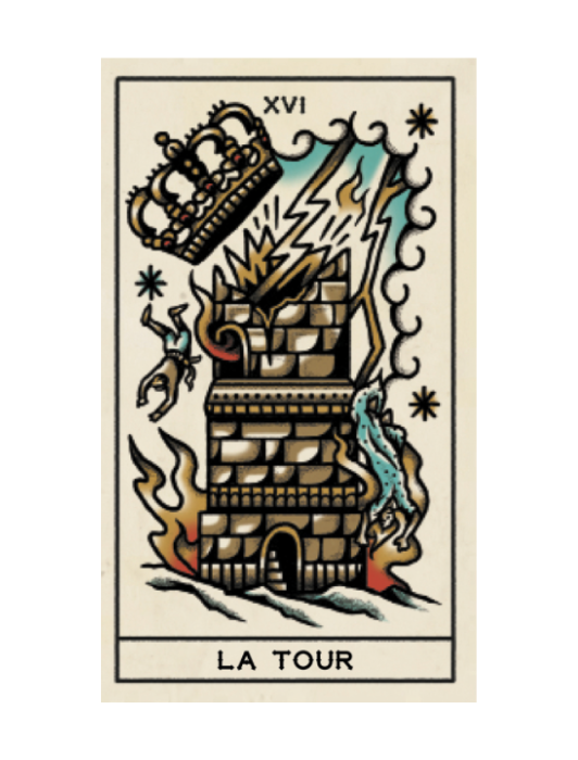 Carte lame majeur La Tour du tarot "Tarot et Tatouage" de Megamunden. 