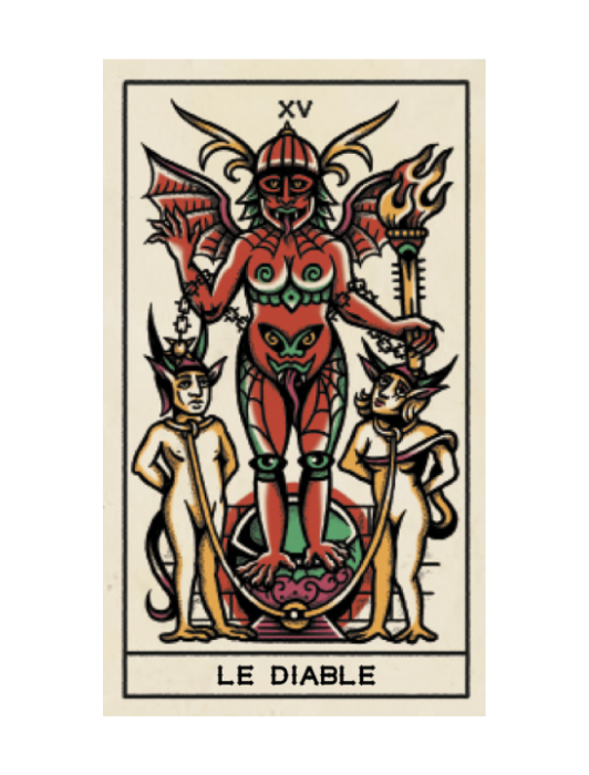 Carte lame majeur Le Diable du tarot "Tarot et Tatouage" de Megamunden. 