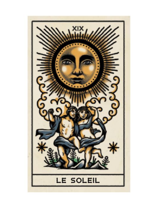 Carte lame majeur Le Soleil du tarot "Tarot et Tatouage" de Megamunden. 