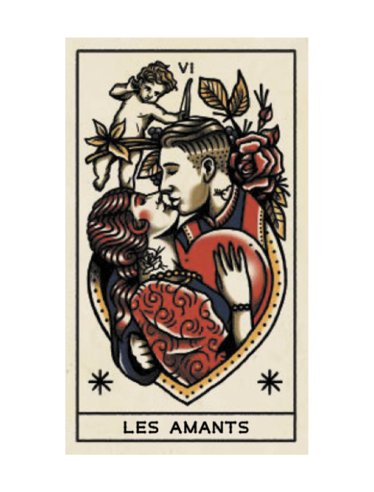 Carte lame majeur Les Amants du tarot "Tarot et Tatouage" de Megamunden. 